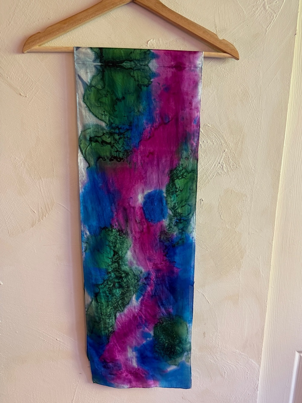 100% Silk Watercolour Scarf Hand Rolled Hem Magenta Cobalt Blue Emerald Green
